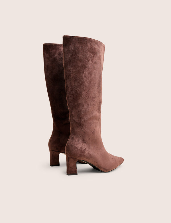 Public Desire Boomer Brown Suedette Pointed Toe Knee High Mid Heel Boots