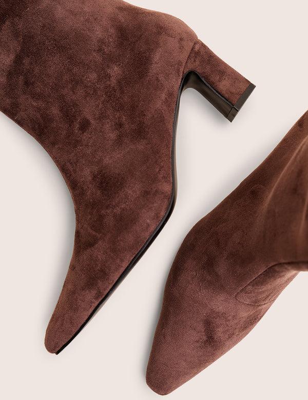 Public Desire Boomer Brown Suedette Pointed Toe Knee High Mid Heel Boots