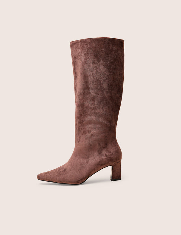 public desire Boomer Brown Suedette Pointed Toe Knee High Mid Heel Boots