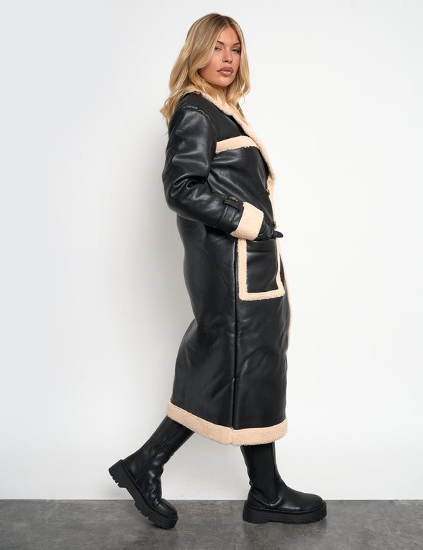 Public Desire Borg Lined Faux Leather Maxi Aviator Coat Black