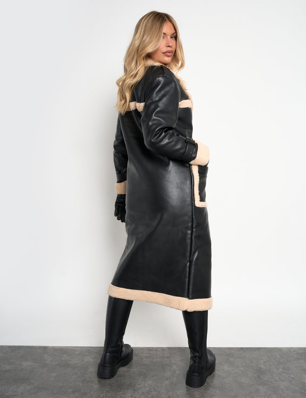 Public Desire Borg Lined Faux Leather Maxi Aviator Coat Black