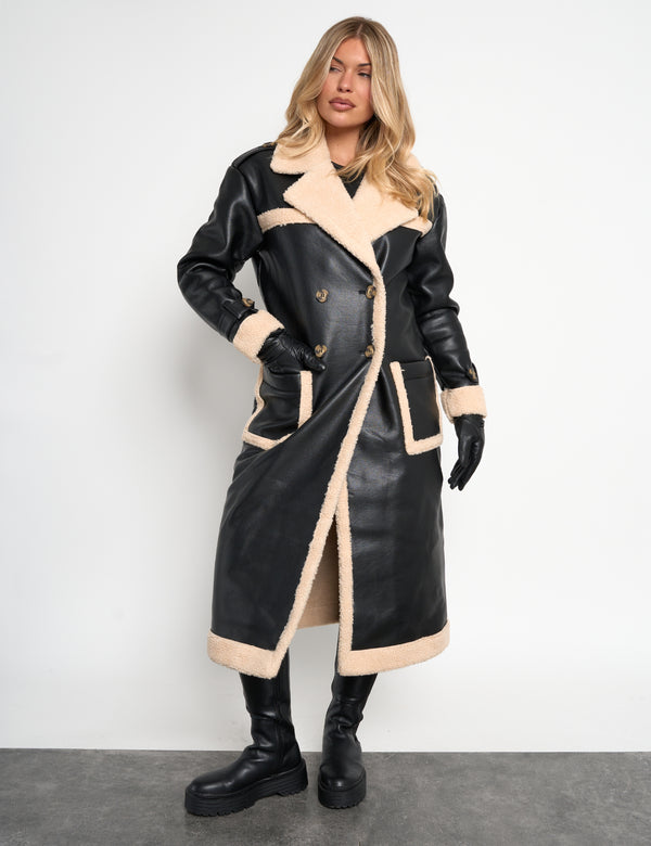 public desire Borg Lined Faux Leather Maxi Aviator Coat Black