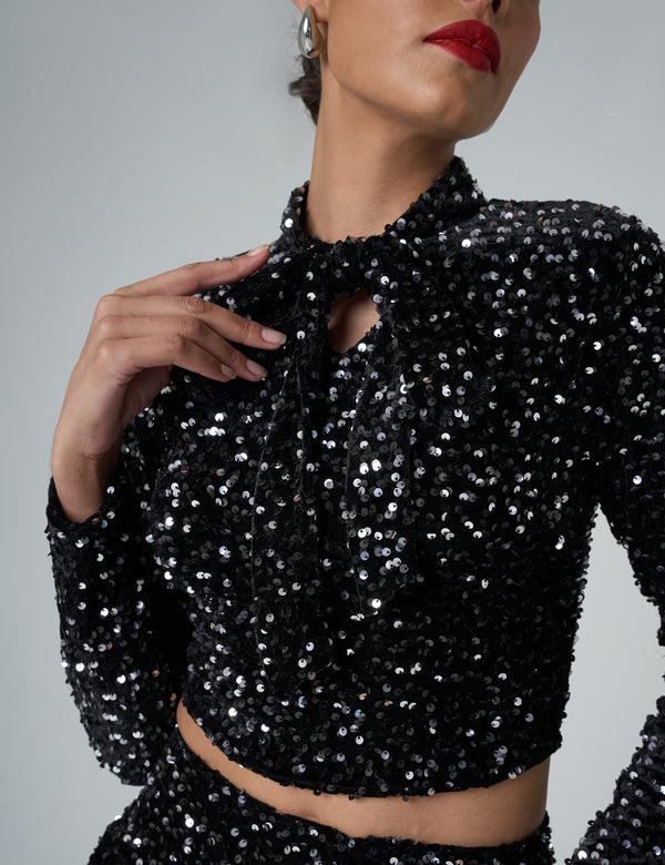 Public Desire Bow Detail Sequin Long Sleeve Cropped Top Black
