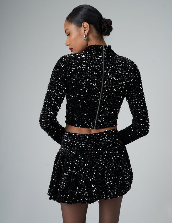 Public Desire Bow Detail Sequin Long Sleeve Cropped Top Black