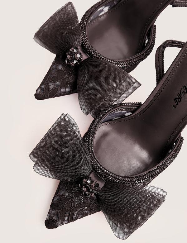 Public Desire Brat Black Diamante Strap Wrap Around Pointed Stiletto Heels