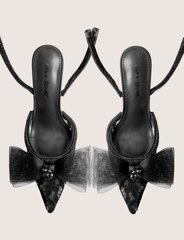 Public Desire Brat Black Diamante Strap Wrap Around Pointed Stiletto Heels