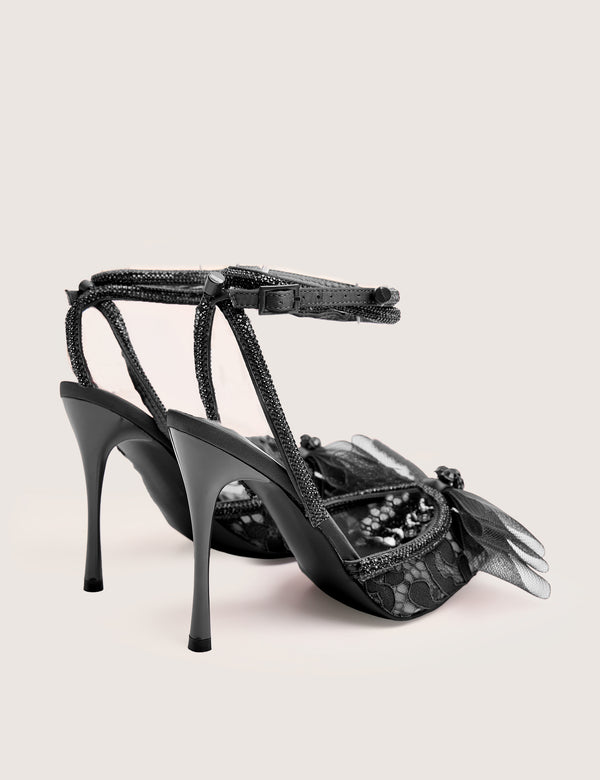 Public Desire Brat Black Diamante Strap Wrap Around Pointed Stiletto Heels