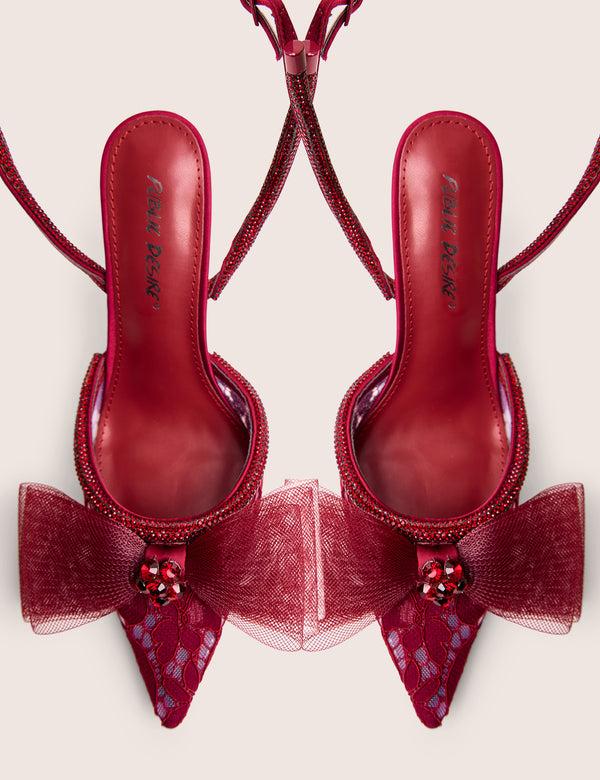 Public Desire Brat Burgundy Diamante Strap Wrap Around Pointed Stiletto Heels