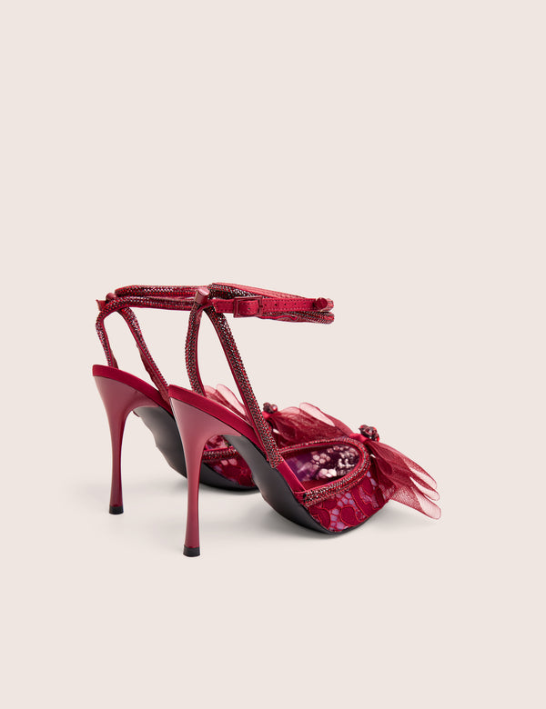 Public Desire Brat Burgundy Diamante Strap Wrap Around Pointed Stiletto Heels