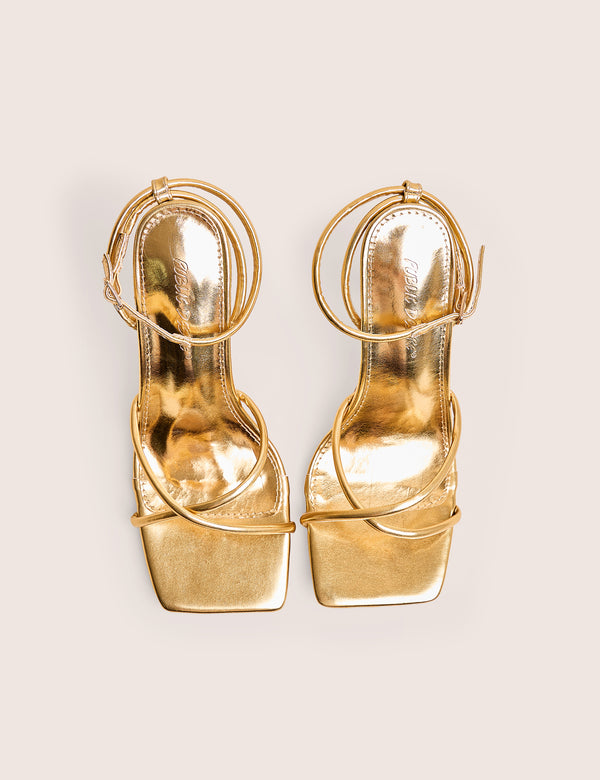 Public Desire Bree Gold PU Wide Fit Barely There Square Toe Mid Stiletto Heels