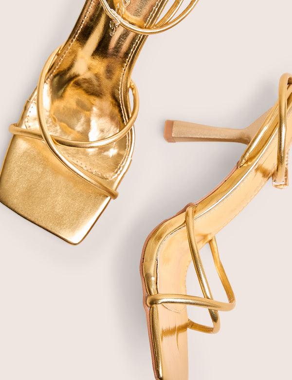 Public Desire Bree Gold PU Wide Fit Barely There Square Toe Mid Stiletto Heels