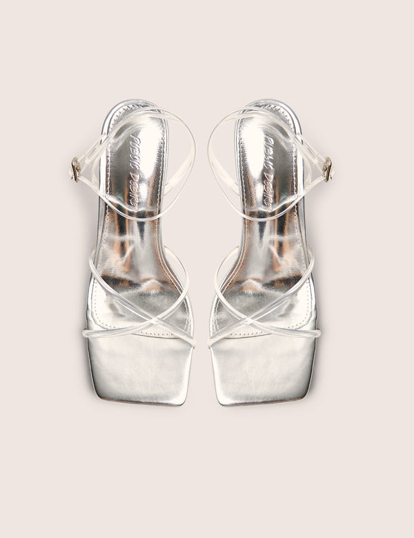 Public Desire Bree Silver Perspex Barley There Square Toe Mid Stiletto Heels