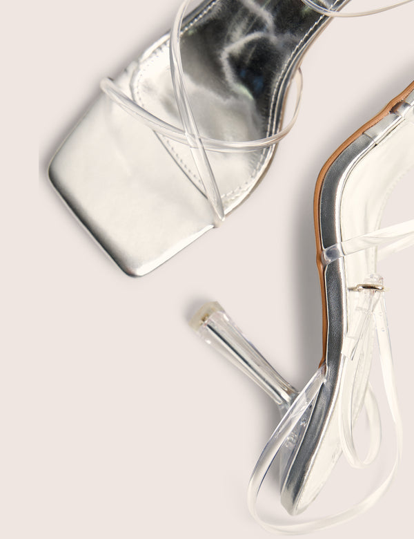 Public Desire Bree Silver Perspex Barley There Square Toe Mid Stiletto Heels