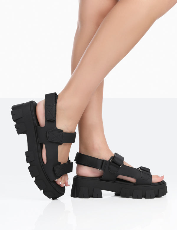 Public Desire Brighton Wide Fit Black Nylon Flatform Open Toe Sandals