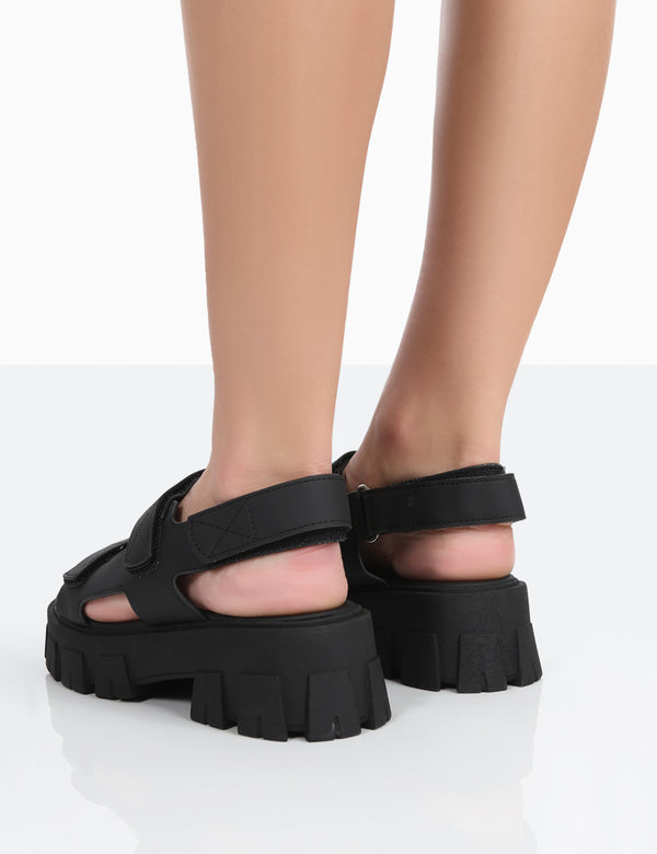 Public Desire Brighton Wide Fit Black Nylon Flatform Open Toe Sandals