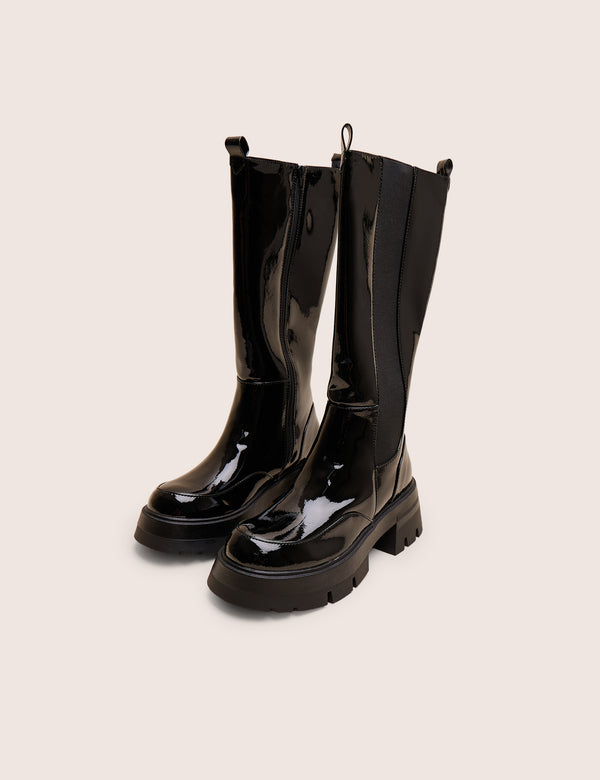 Public Desire Bryant Black Patent Chunky Sole Elasticated Knee High Boots