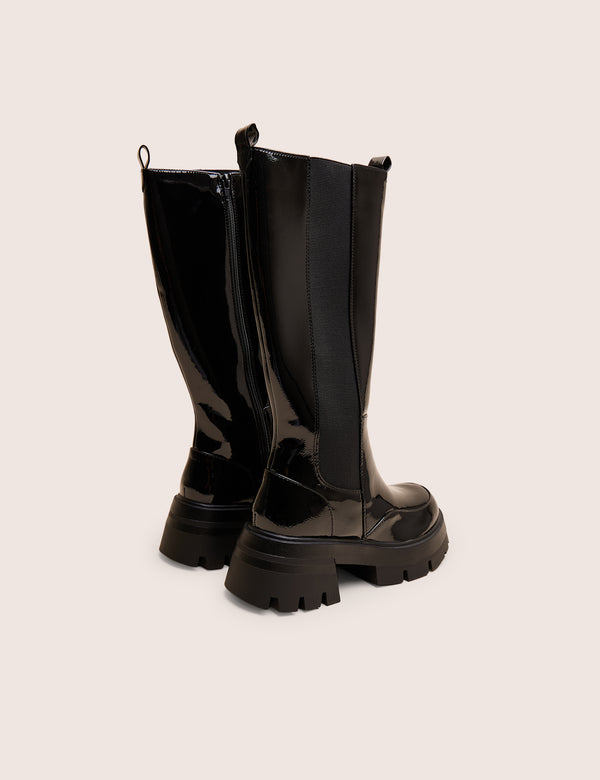 Public Desire Bryant Black Patent Chunky Sole Elasticated Knee High Boots