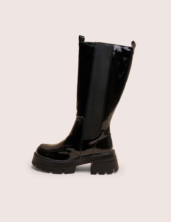 public desire Bryant Black Patent Chunky Sole Elasticated Knee High Boots