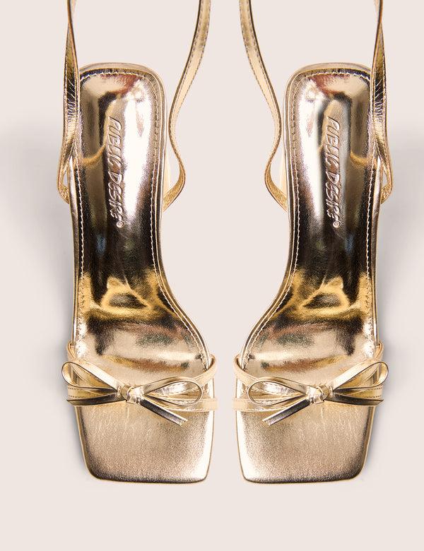 Public Desire Camille Gold Square Toe Strappy Block Heels