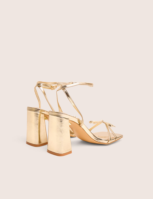 Public Desire Camille Gold Square Toe Strappy Block Heels