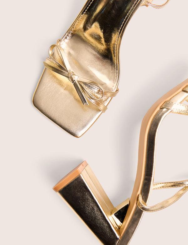 Public Desire Camille Gold Square Toe Strappy Block Heels