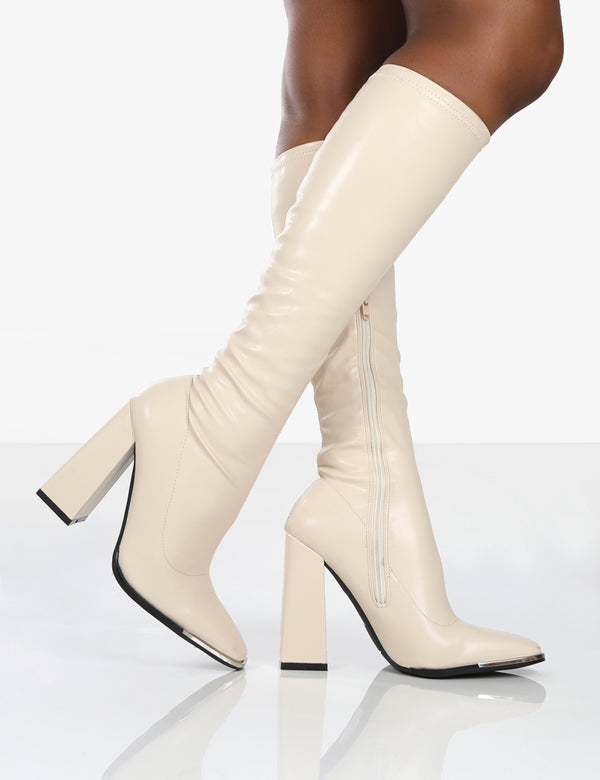 Public Desire Caryn Stone PU Knee High Block Heeled Boots