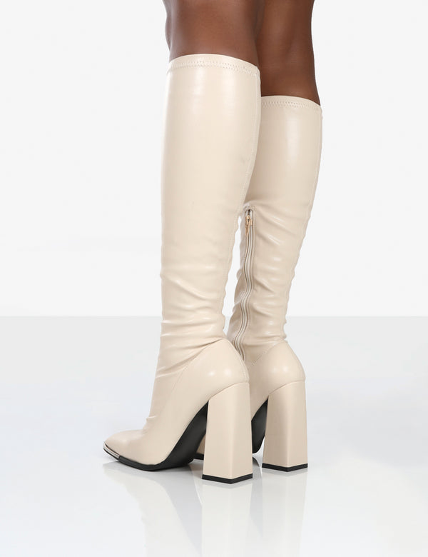 Public Desire Caryn Stone PU Knee High Block Heeled Boots
