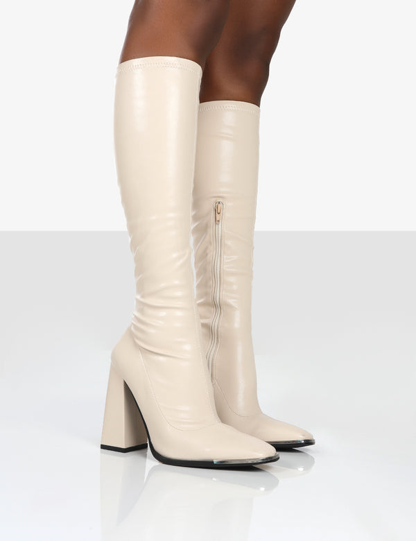 public desire Caryn Stone PU Knee High Block Heeled Boots