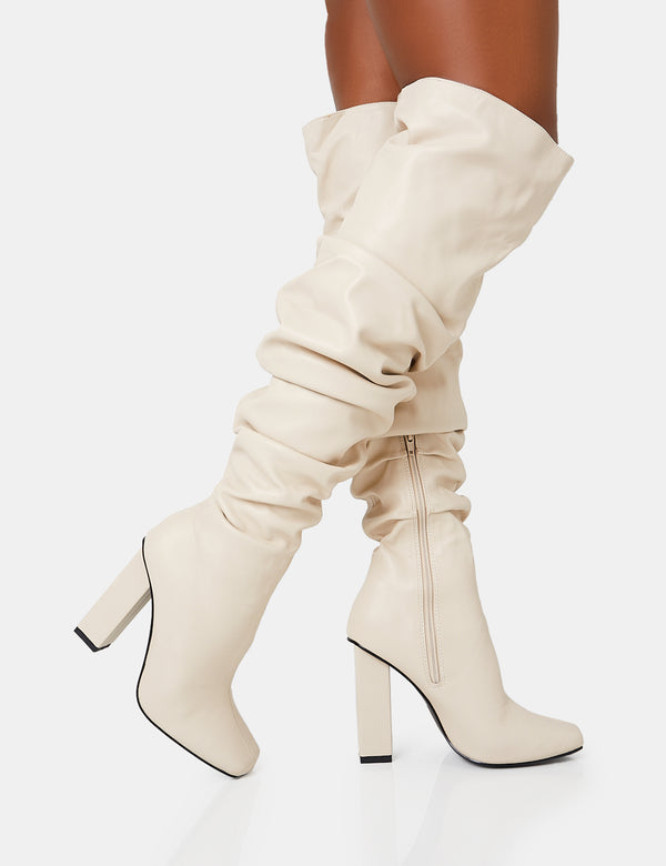 Public Desire Cassia Ecru Square Toe Block Heel Over The Knee Boots