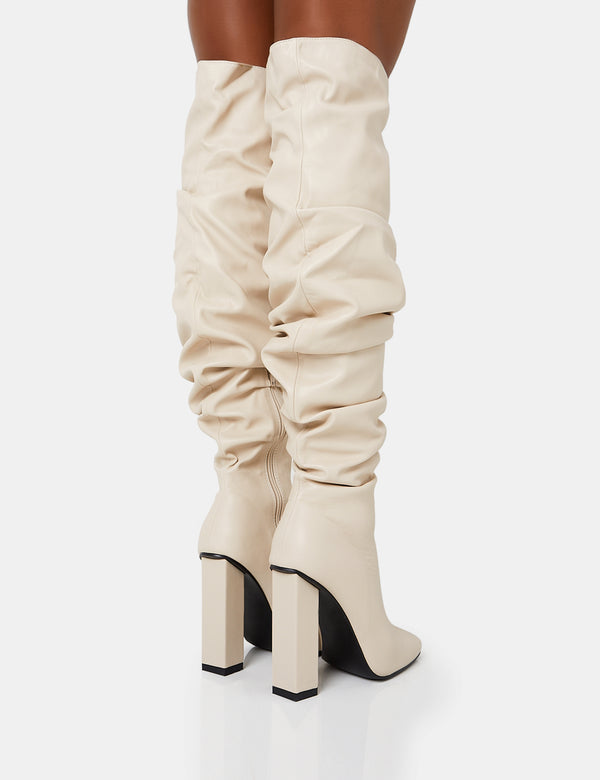 Public Desire Cassia Ecru Square Toe Block Heel Over The Knee Boots