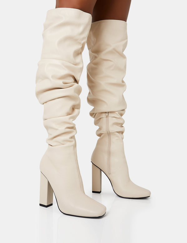 public desire Cassia Ecru Square Toe Block Heel Over The Knee Boots