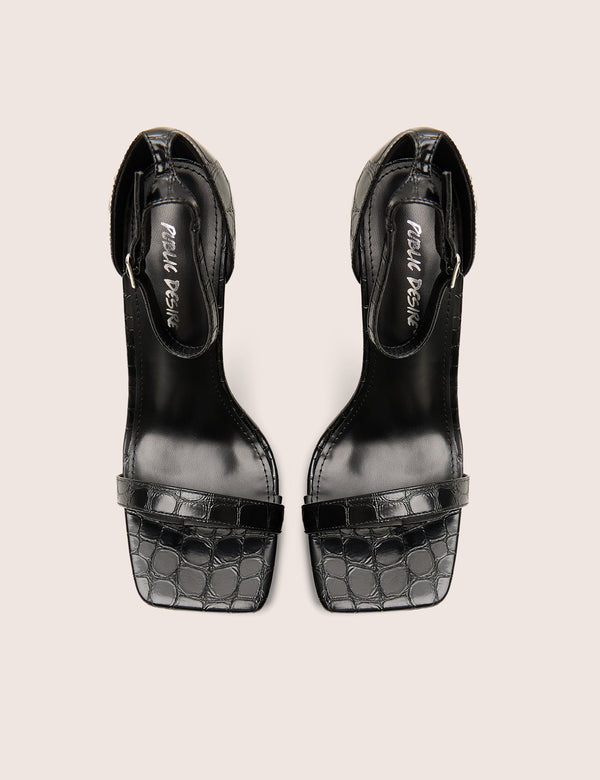 Public Desire Chaos Black Croc Square Toe Strappy Barely There Stiletto Heels