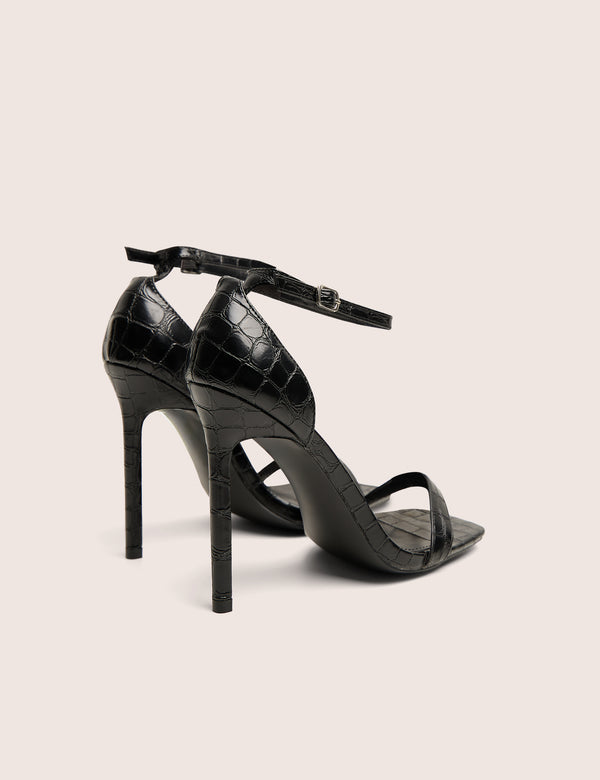 Public Desire Chaos Black Croc Square Toe Strappy Barely There Stiletto Heels