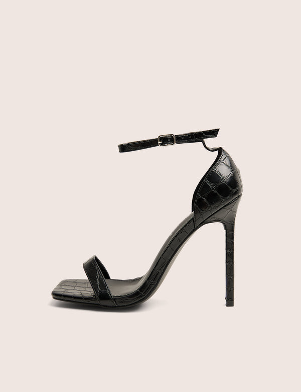 public desire Chaos Black Croc Square Toe Strappy Barely There Stiletto Heels