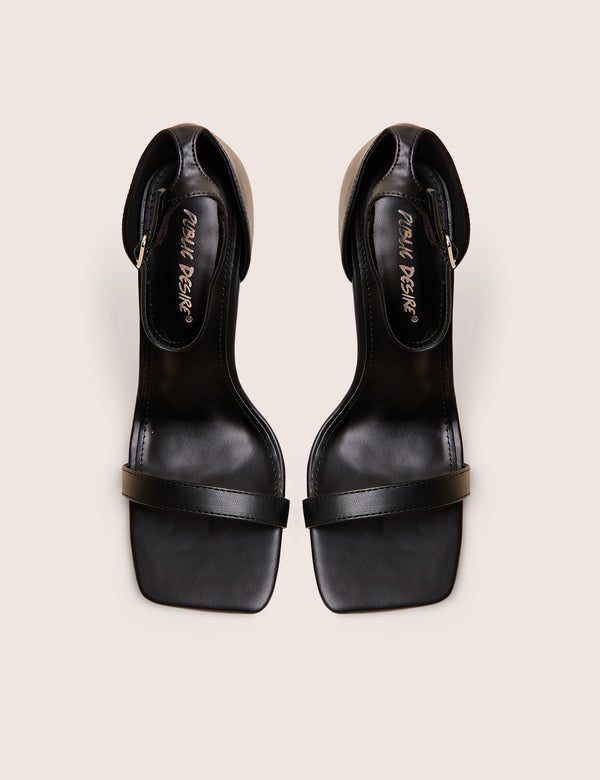 Public Desire Chaos Black Pu Square Toe Strappy Barely There Stiletto Heel