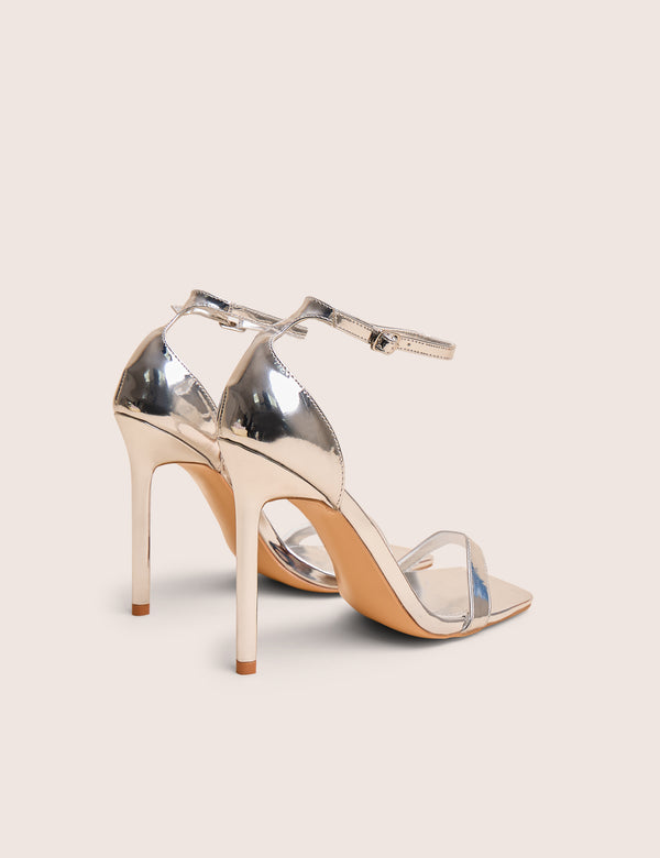 Public Desire Chaos Silver Square Toe Strappy Barely There Stiletto Heel