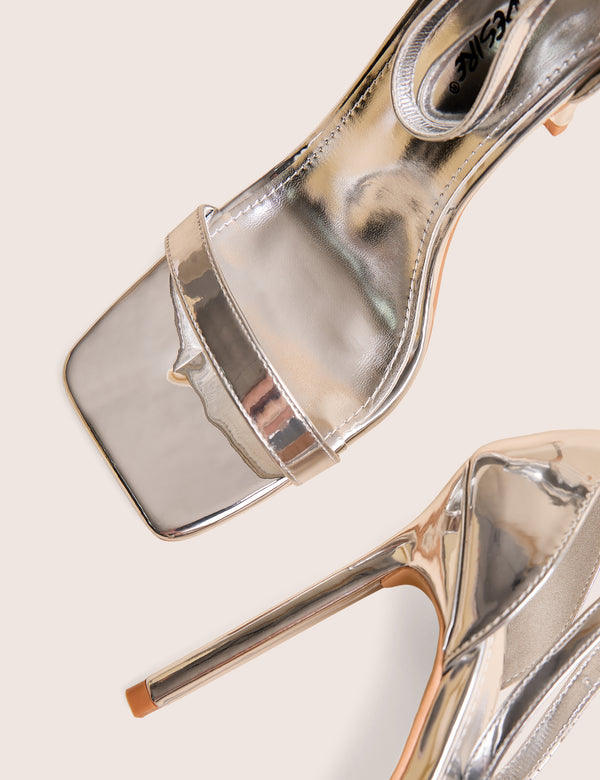 Public Desire Chaos Silver Square Toe Strappy Barely There Stiletto Heel