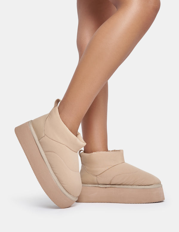 Public Desire Chill Out Beige Nylon Puffer Ultra Mini Ankle Platform Boots