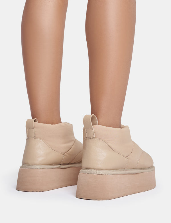Public Desire Chill Out Beige Nylon Puffer Ultra Mini Ankle Platform Boots