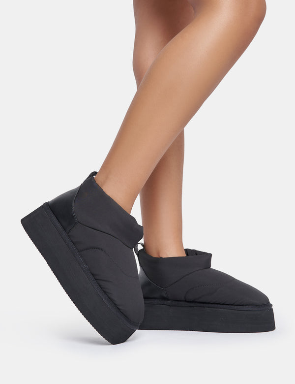 Public Desire Chill Out Black Nylon Puffer Ultra Mini Ankle Platform Boots