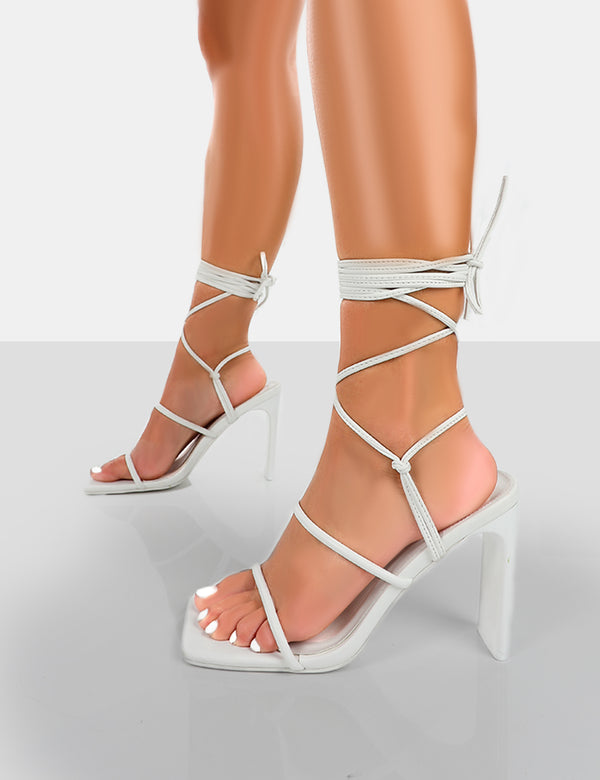 Public Desire Chloe White Pu Strappy Square Toe Lace Up Heels