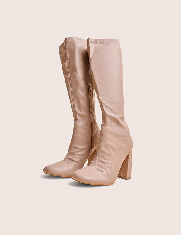 Public Desire Christina Nude Pu Pointed Toe Block Heel Knee High Boots