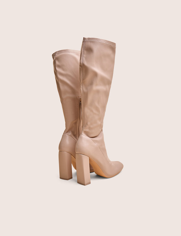 Public Desire Christina Nude Pu Pointed Toe Block Heel Knee High Boots