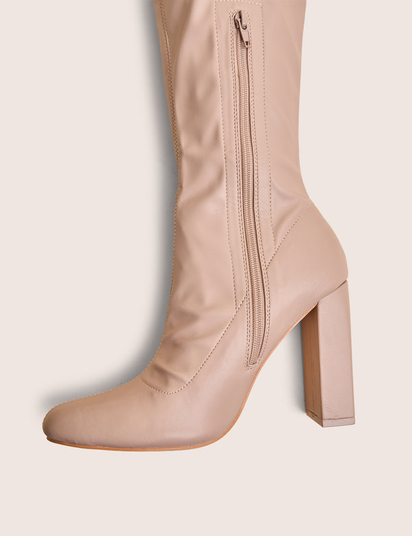 Public Desire Christina Nude Pu Pointed Toe Block Heel Knee High Boots