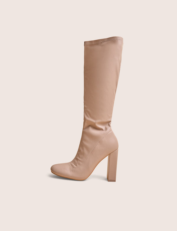 public desire Christina Nude Pu Pointed Toe Block Heel Knee High Boots
