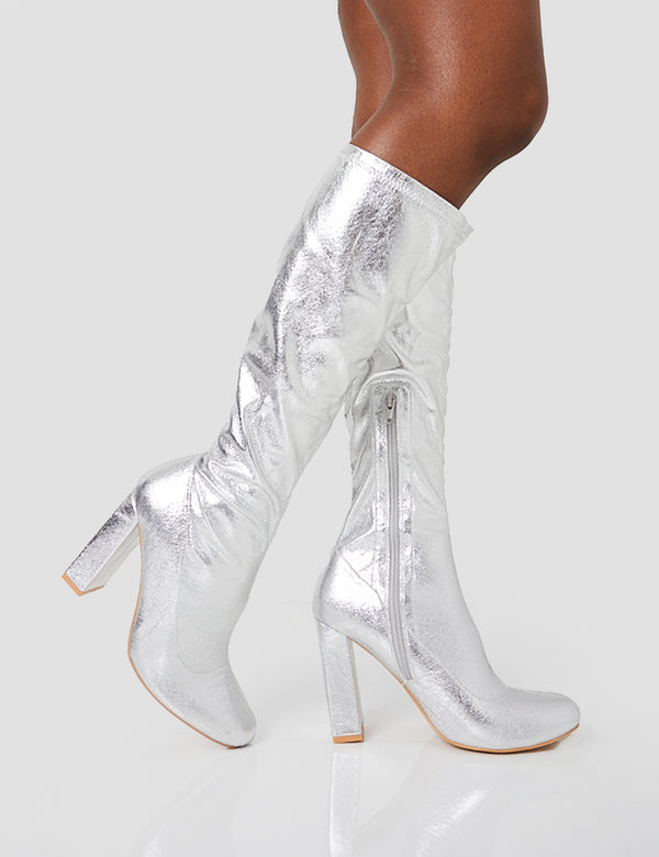 Public Desire Christina Silver Grain Pointed Toe Block Heel Knee High Boots