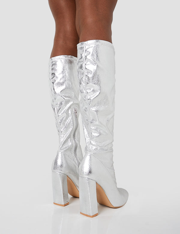 Public Desire Christina Silver Grain Pointed Toe Block Heel Knee High Boots
