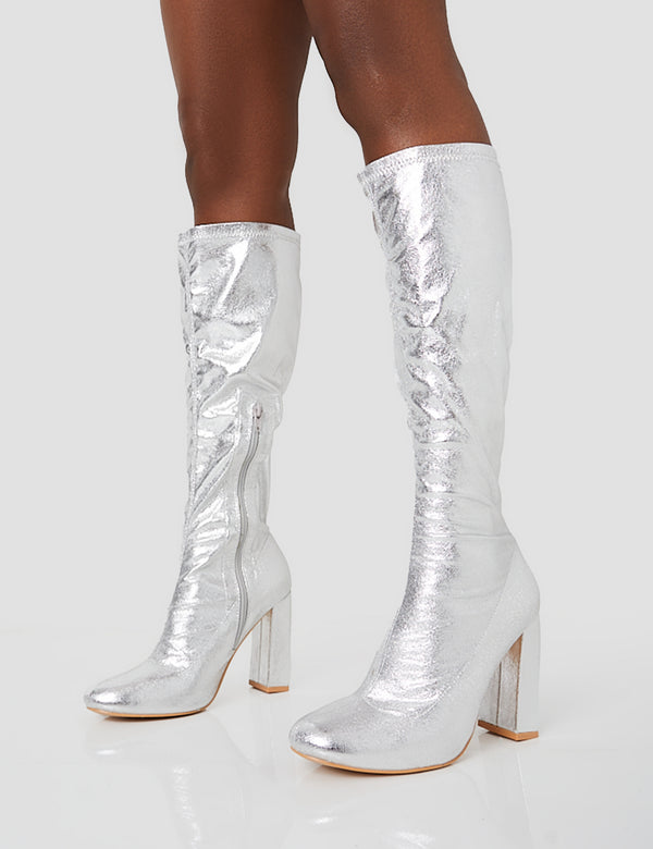 Public Desire Christina Silver Grain Pointed Toe Block Heel Knee High Boots