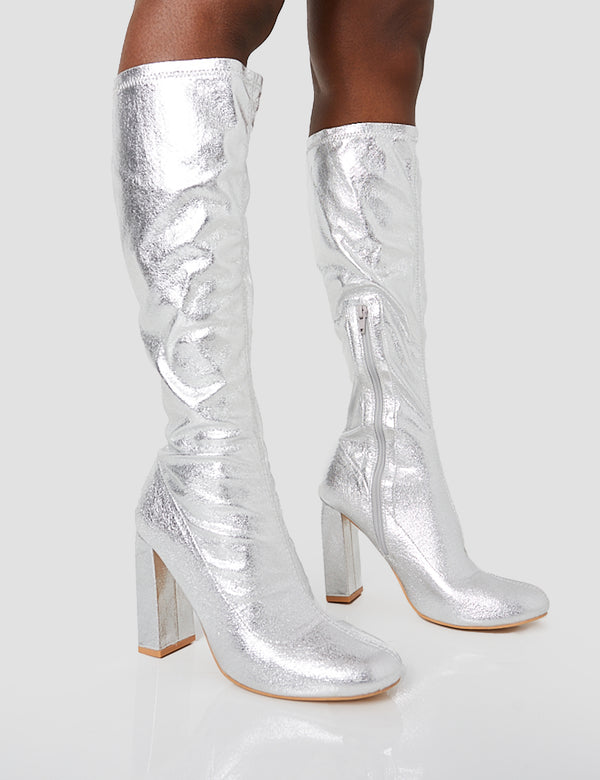 public desire Christina Silver Grain Pointed Toe Block Heel Knee High Boots