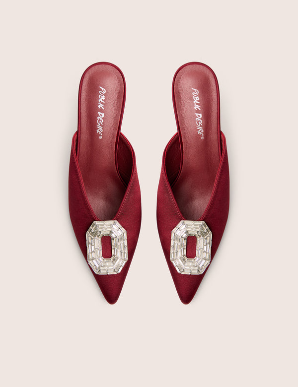Public Desire Classique Burgundy Broach Embellishment Mid Heels Mule